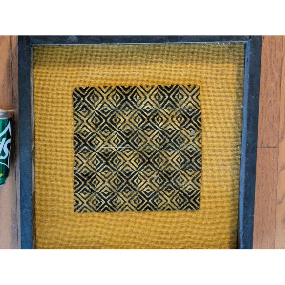 1970 Framed Latch Hook Geometric Checkered Pattern Black Gold Boho Wall Decor